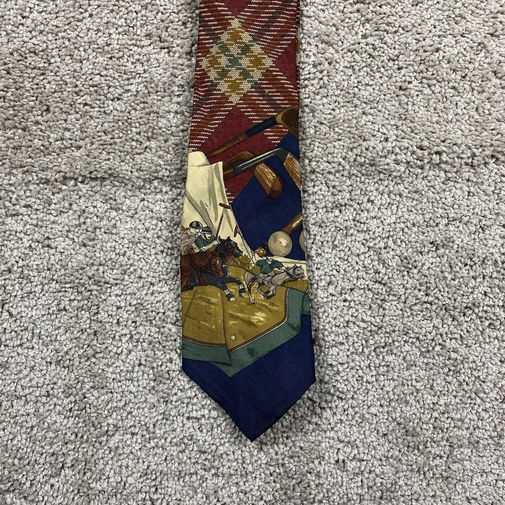 Polo Ralph Lauren Silk Tie Navy Burgundy Plaid Equestrian Polo Match Made in USA
